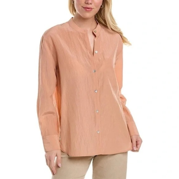 Vince Relaxed Band Collar Button Down Blouse Tunic Tencel Blend sz XS Coral - Picture 1 of 12